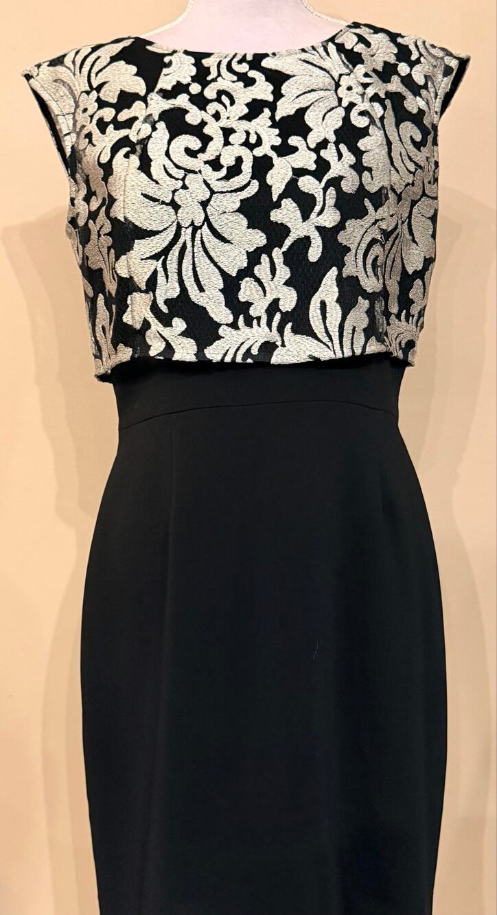 Tahari Arthur S Levine Black Silver Brocade Cocktail Dress Womens Size 8P Petite